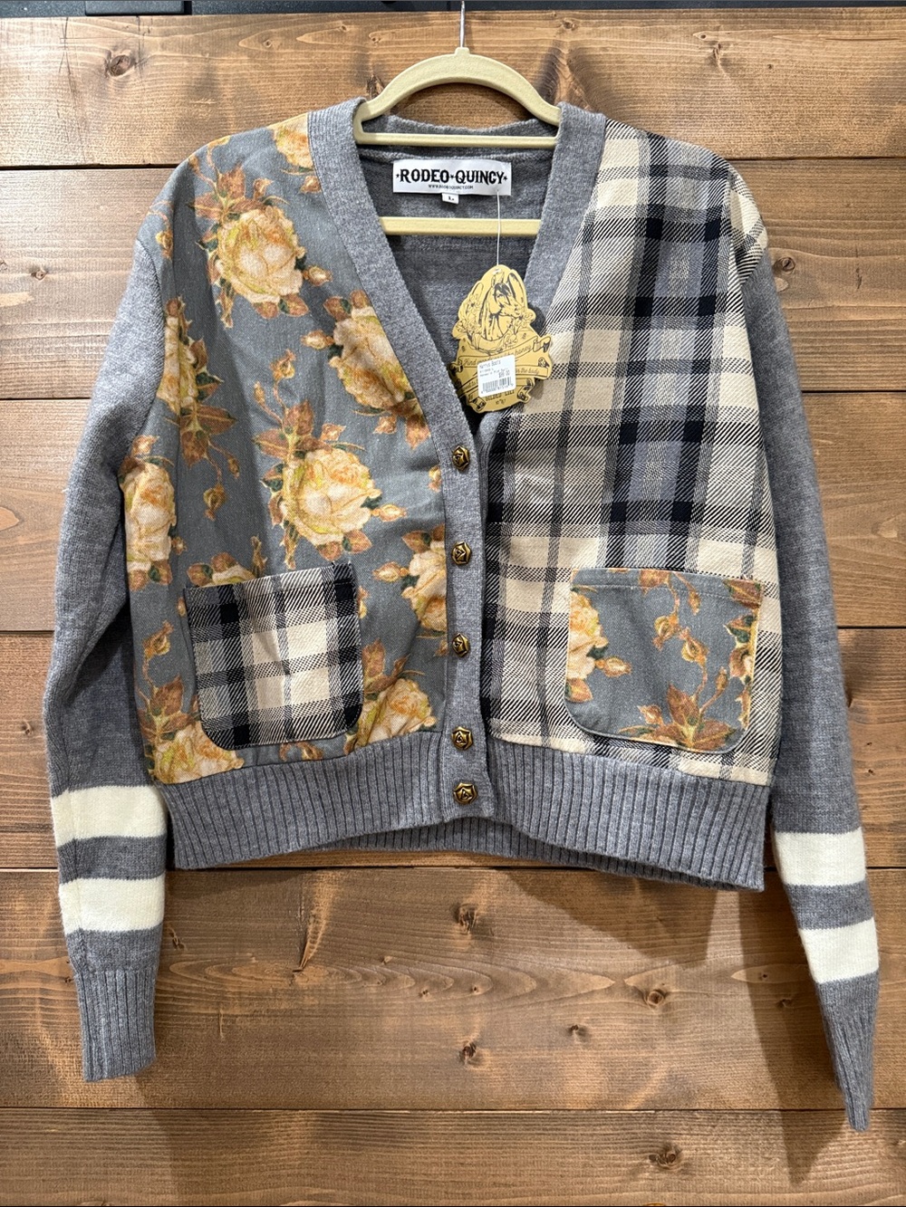 Rodeo Quincy Gray Floral & Plaid V-Neck Cardigan